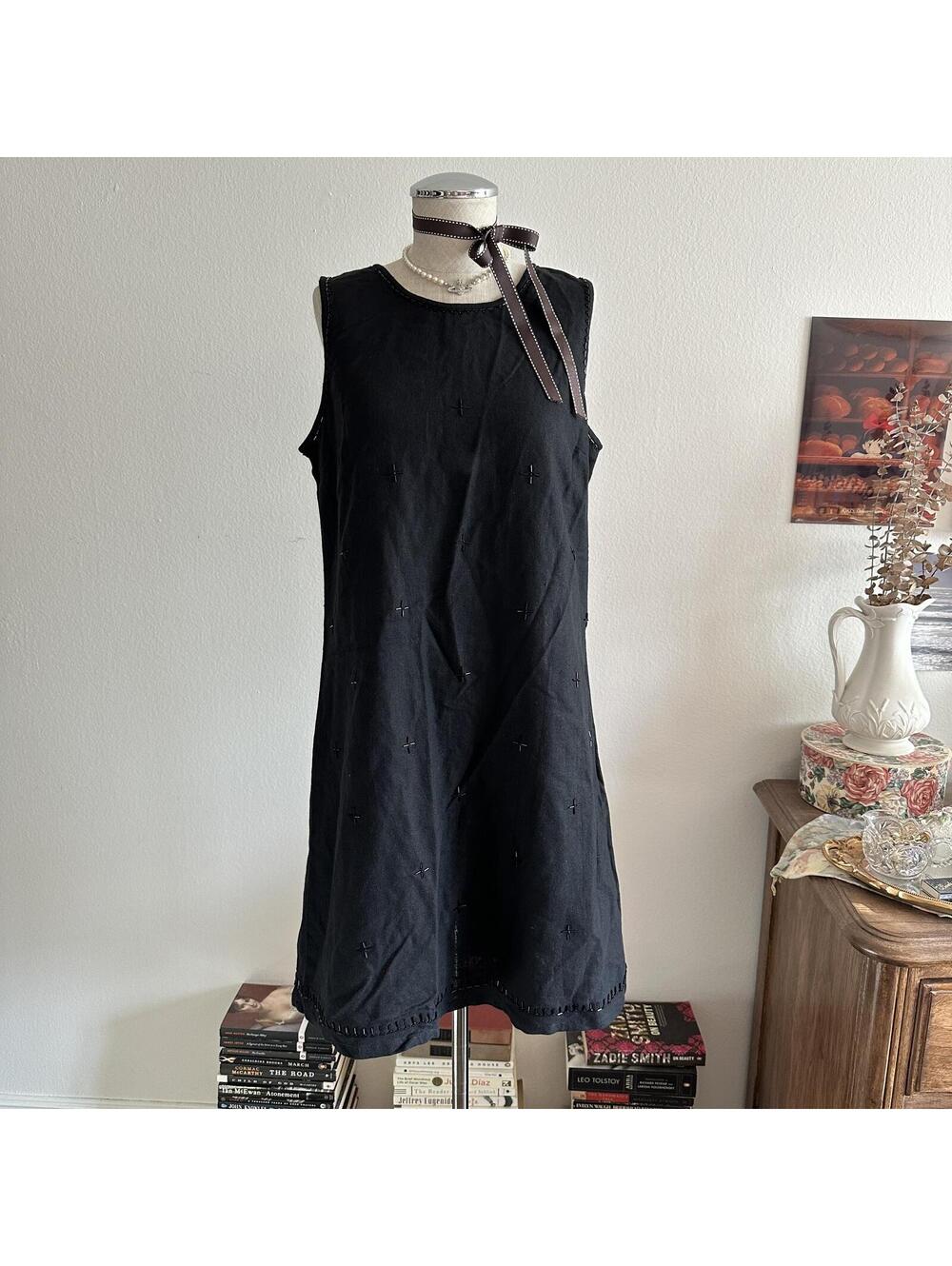 Black linen beaded dress